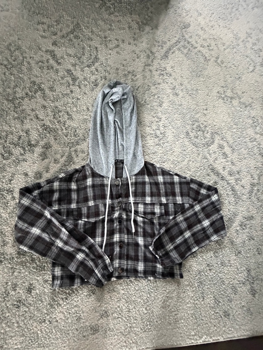 SHEIN Black & Gray Plaid Hooded Button-Up Jacket